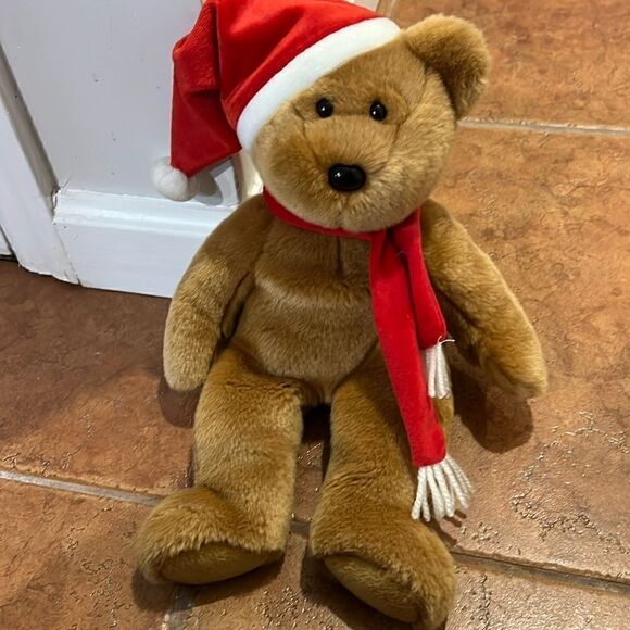 TY BEANIE BUDDY 2001 Holiday Santa Hat & Scarf Teddy Bear Plush Bean Bag - Picture 1 of 7